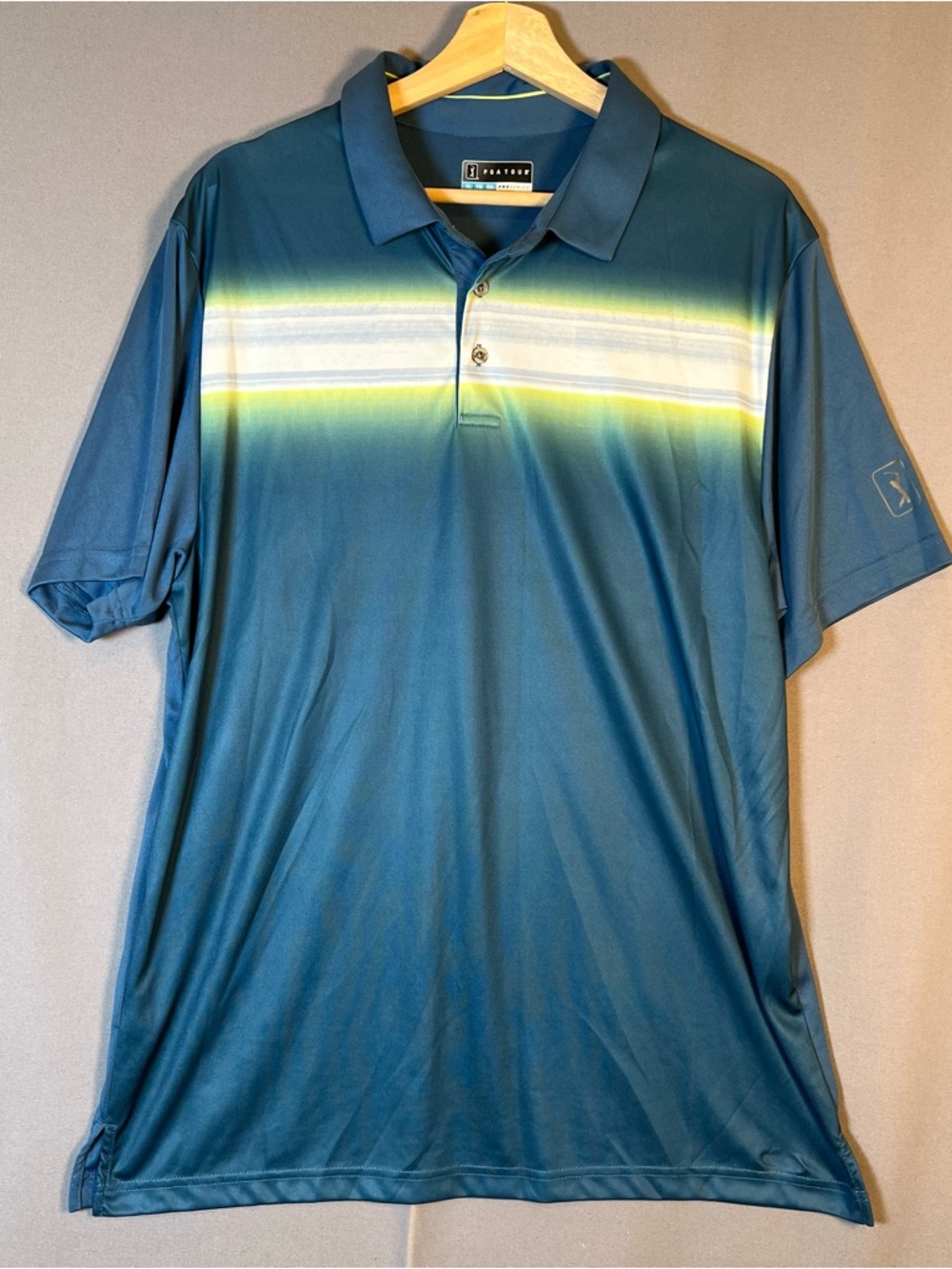 PGA Tour Men's Polo szXL Blue with Lime & White Stripe Pro Series Athletic Fit